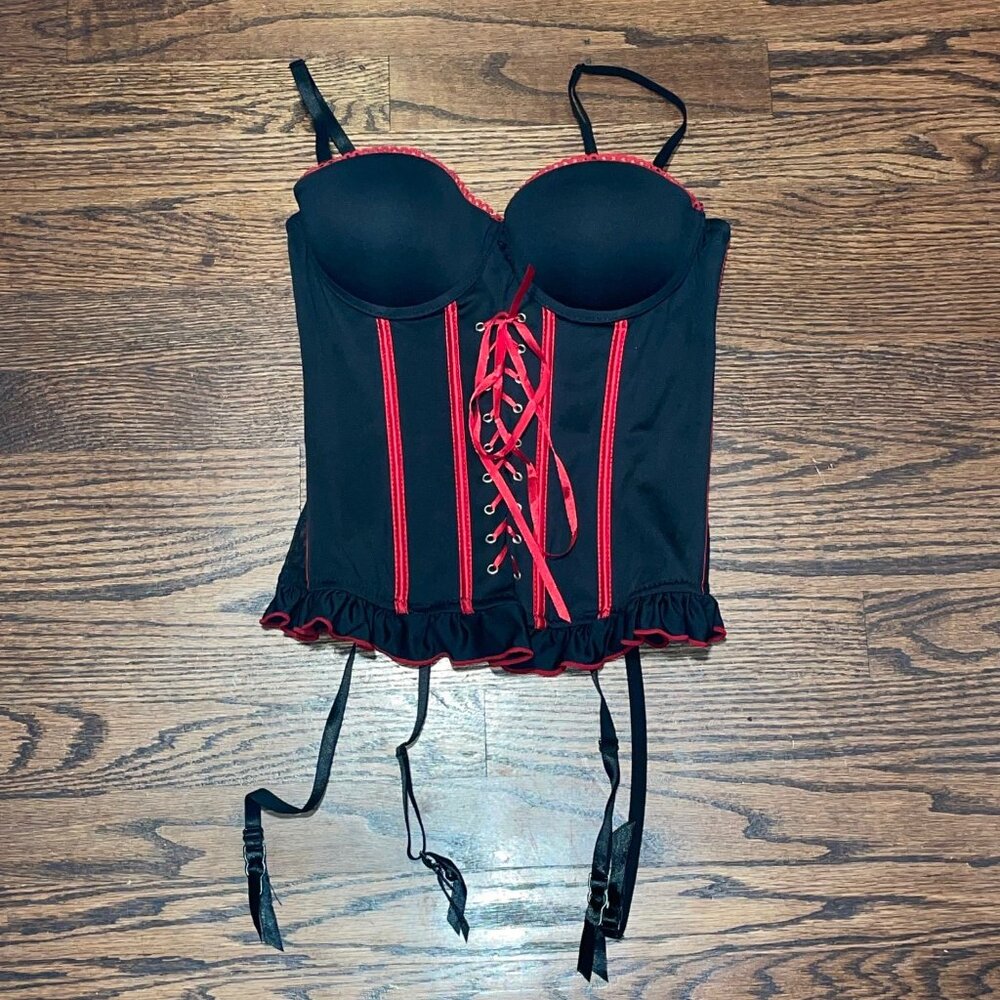 Rene Rofe Lingerie Size S Corset BLACK and RED With Garter Straps